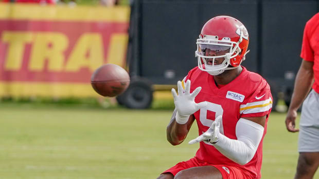 Jul 27, 2022; St. Joseph, MO, USA; Kansas City Chiefs wide receiver Juju Smith-Schuster (9) catches a pass during training camp at Missouri Western University. Mandatory Credit: Denny Medley-USA TODAY Sports